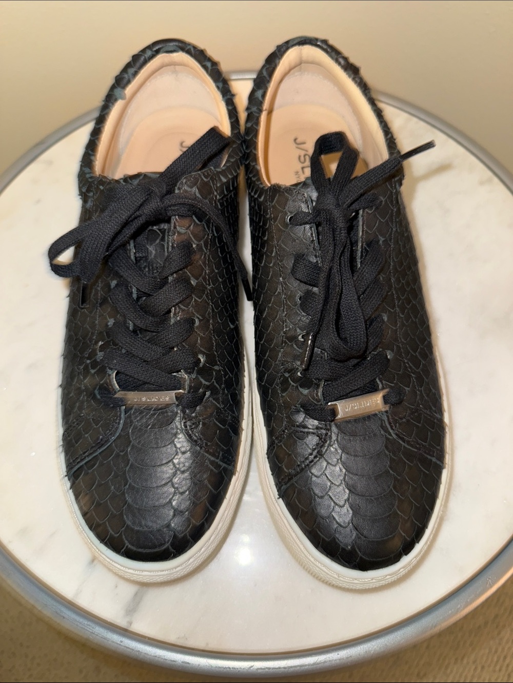 J Slides Black Leather Faux-Snakeskin Lace-Up Sneakers with White Platform